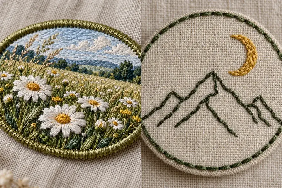 Two embroidered patch designs: a daisy meadow patch with a thick border and a minimal mountain and moon line patch