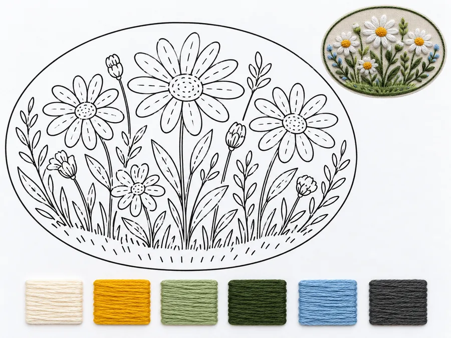 Printable embroidery pattern sheet with black outline lines of a flower patch and a row of thread color swatches