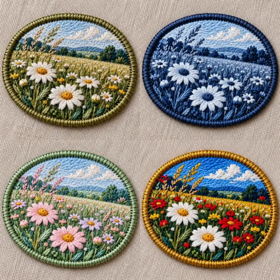 The same embroidered flower patch in four thread palettes: original, single thread, pastel, and vivid