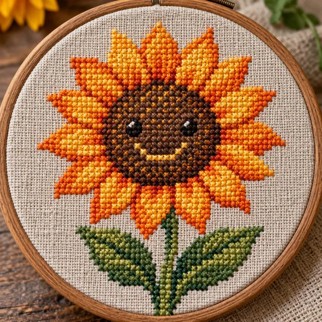 Cross-stitch smiling sunflower above the word happy in a wooden hoop