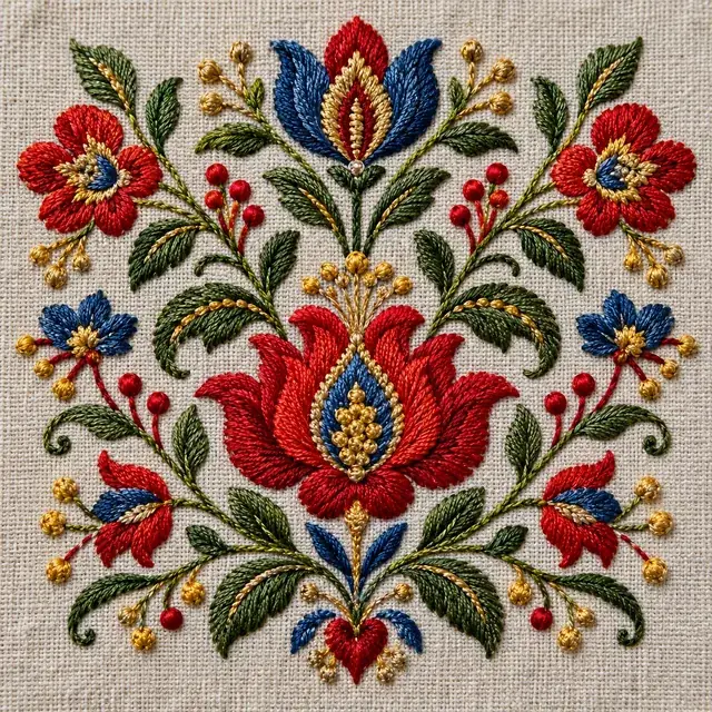 Folk-art floral embroidery with red, pink, and blue flowers and swirling leaves