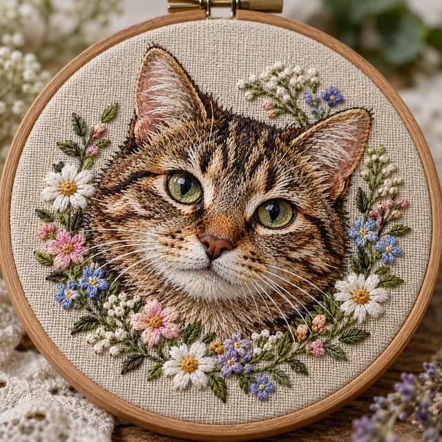 Hand embroidery of a tabby cat portrait in a wooden hoop surrounded by stitched flowers