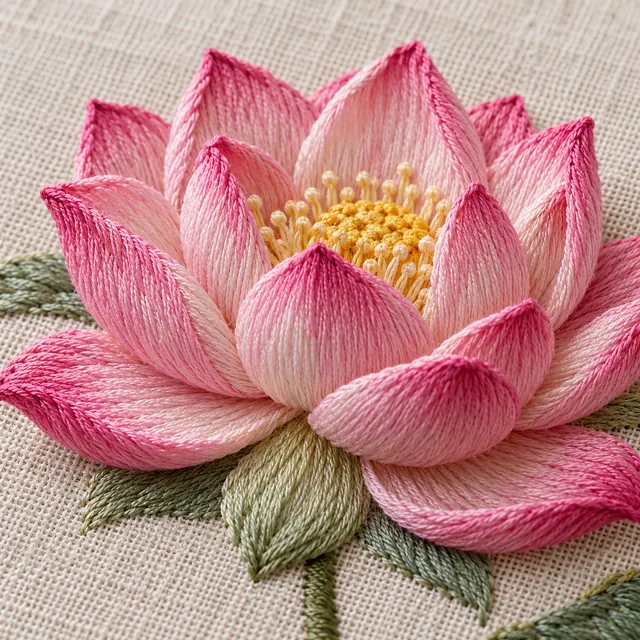 Raised satin-stitch embroidery of a pink and red lotus flower