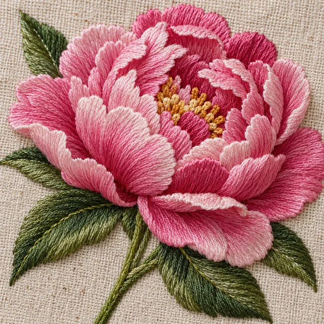 Satin-stitch embroidery of a pink peony with green leaves and buds