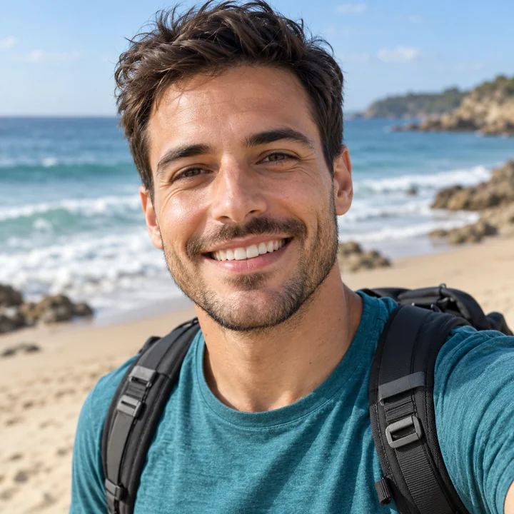 Drag to compare the beach photo and the 3D avatar emoji (before)