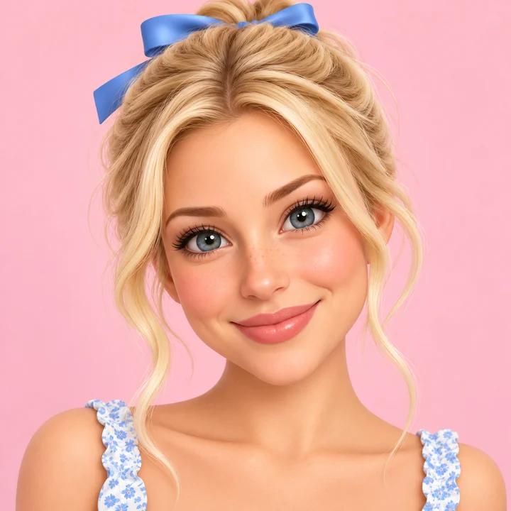 Drag to compare the photo of a blonde woman with a bow and her round emoji (after)