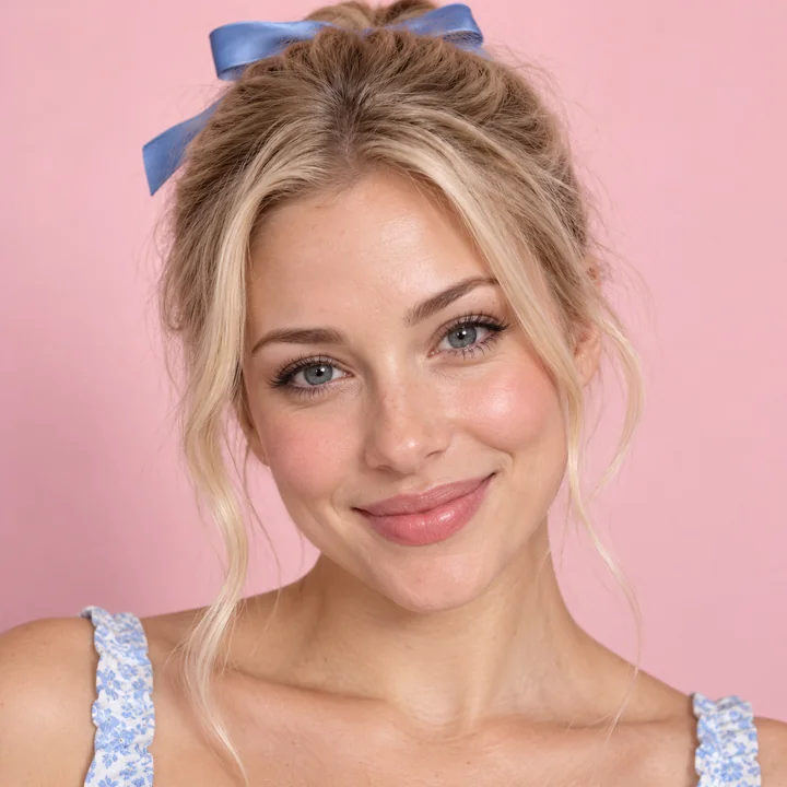 Drag to compare the photo of a blonde woman with a bow and her round emoji (before)