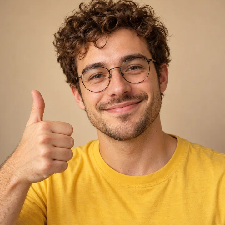 Drag to compare the photo of a curly-haired man giving a thumbs up and his yellow emoji (before)