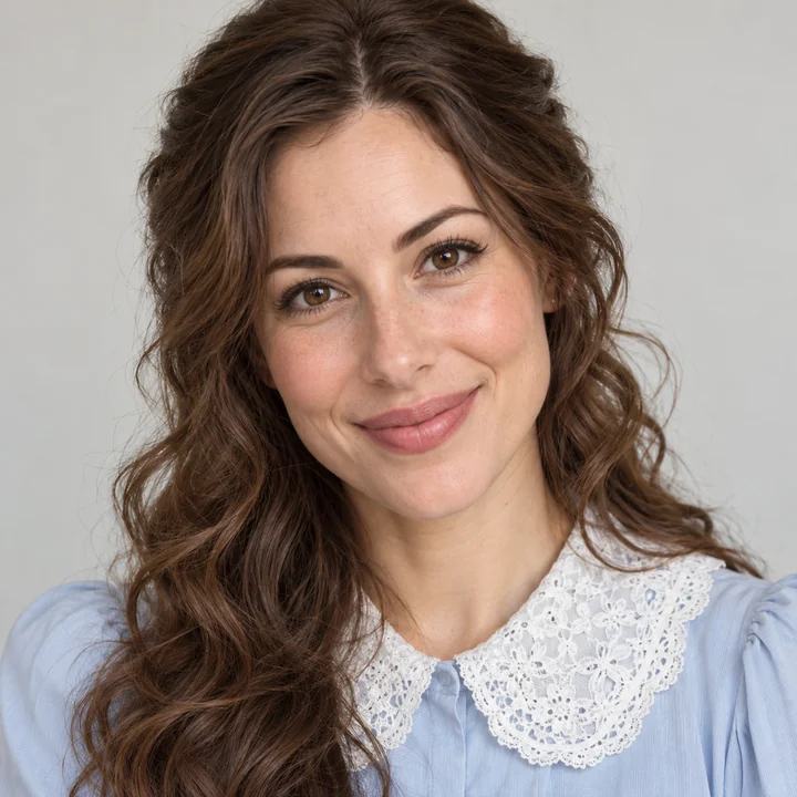 Drag to compare the photo of a woman with a lace collar and her yellow emoji (before)