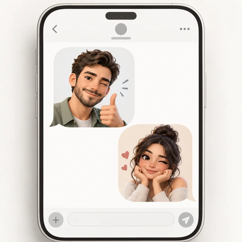 Custom 3D emoji avatars of a man and a woman shared inside a phone chat conversation