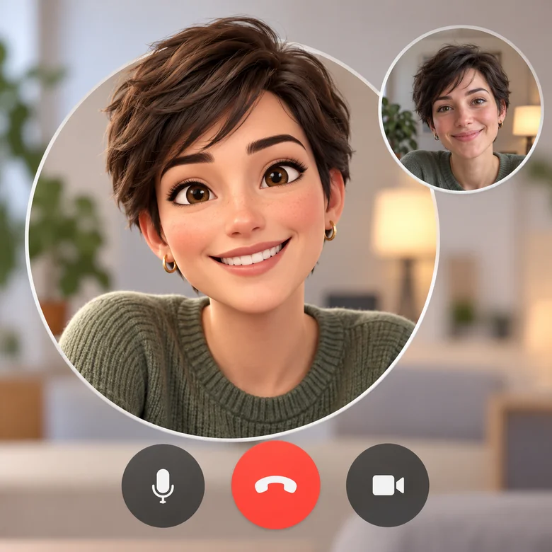A woman’s photo turned into a round 3D avatar shown on a phone call screen