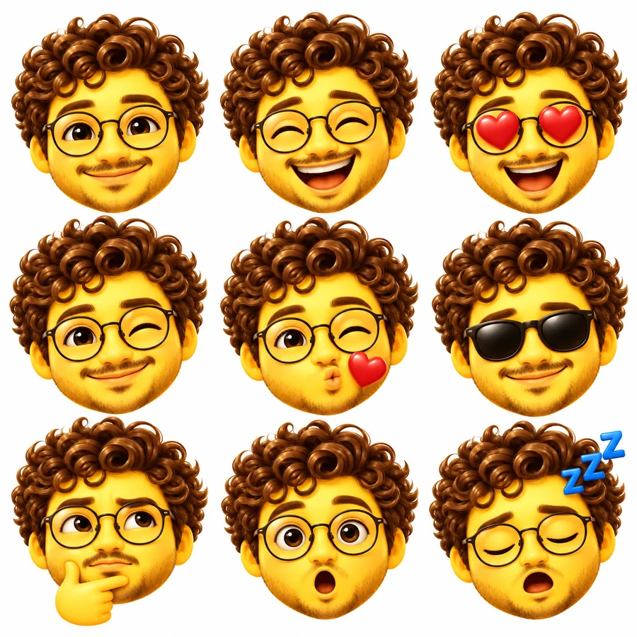 Sheet of nine black-and-white line art emojis of the same man with different expressions