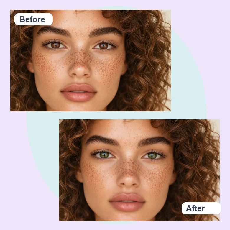A freckled woman with brown eyes and the same portrait with green eyes