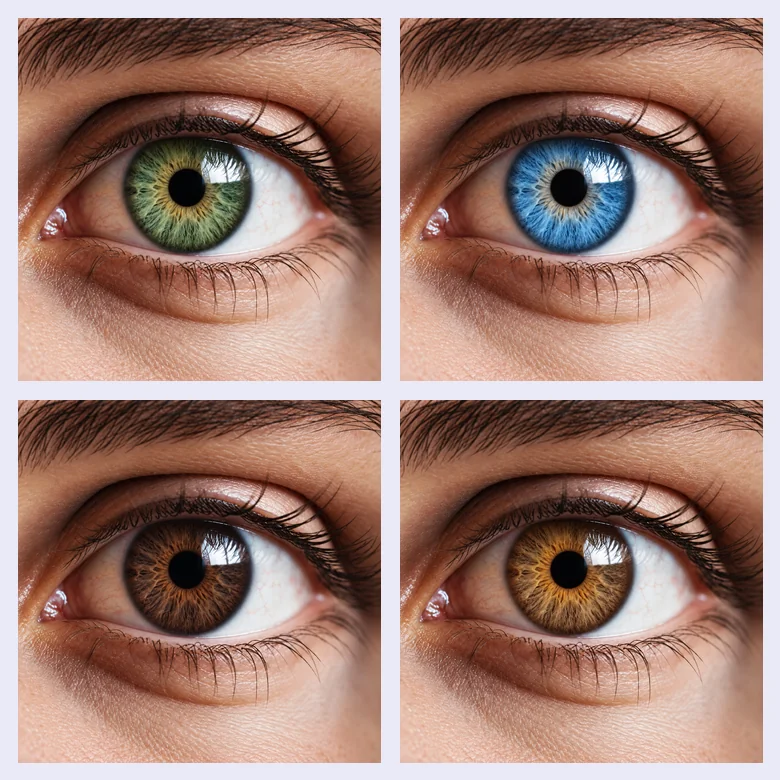 Four macro shots of the same eye in green, blue, dark brown, and amber