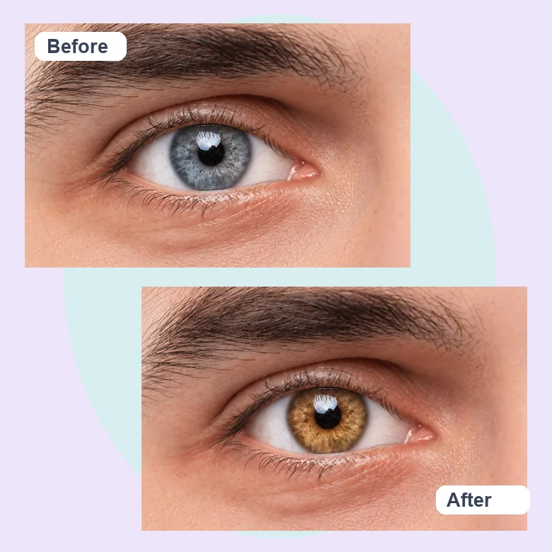 Close-up of a grey iris and the same eye recolored to a warm amber with the texture kept