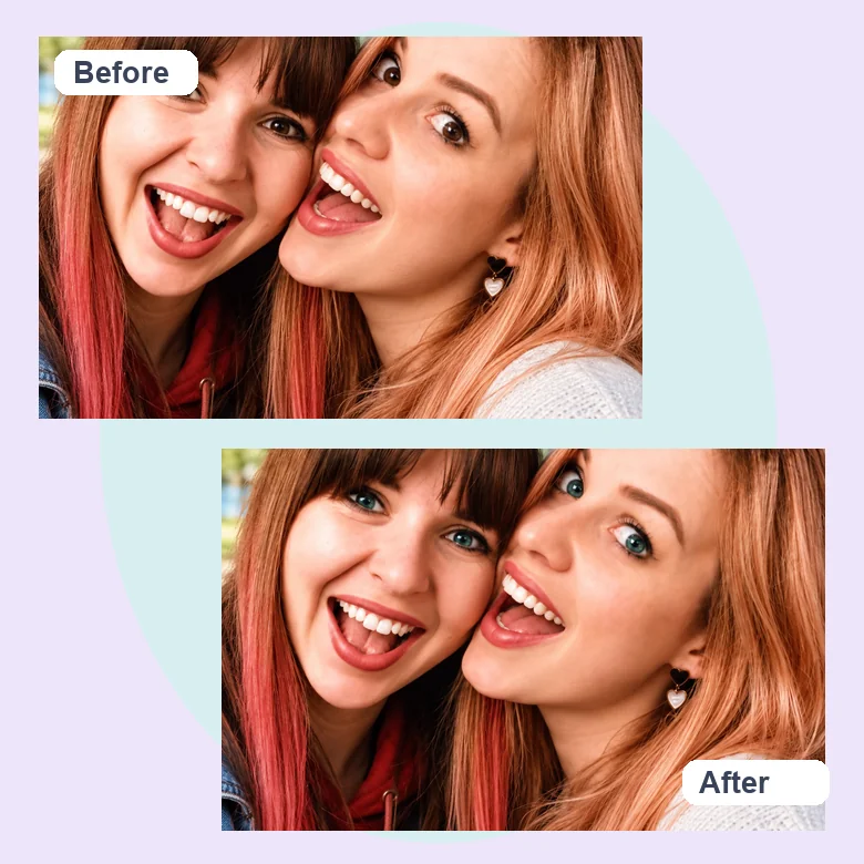Two laughing women shown before and after their eye color was changed