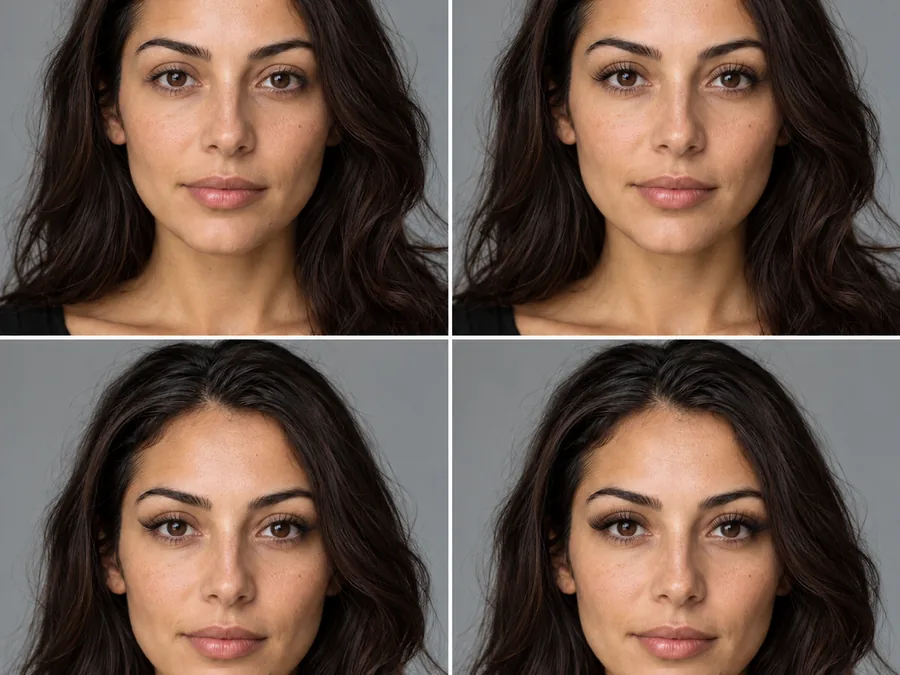 The same woman with natural, doll-eye, cat-eye and volume lashes