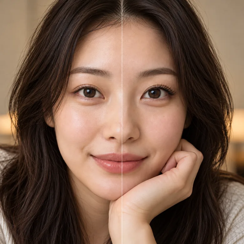Half of a face with natural lashes and half with realistic AI lashes