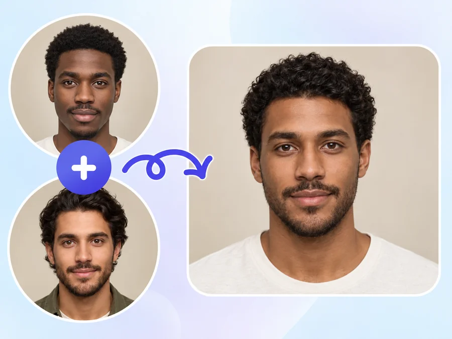 Two source portraits and the AI face morph result