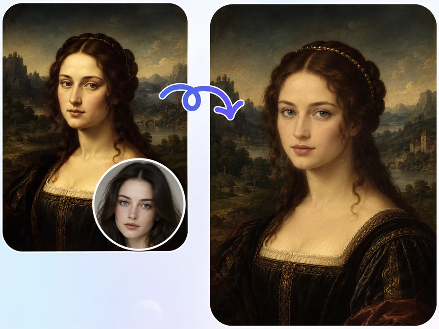 A classic painting morphed with a modern face