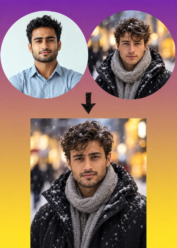 Two men combined into one face in a winter street photo