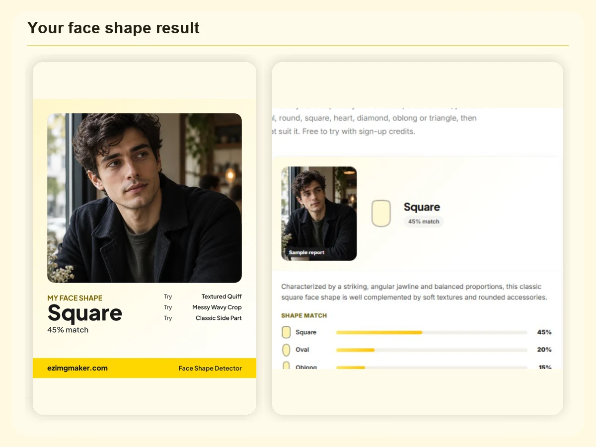 Face shape detector result card: square face, 45% match, with shape match bars and measurements