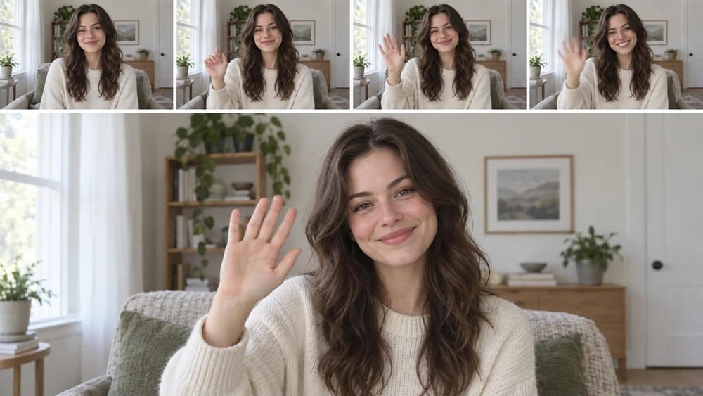 Illustration of a woman waving, with frames from the reference video shown above