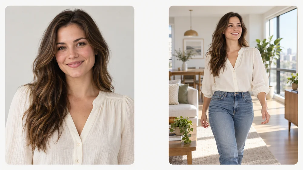 Illustration of a woman’s portrait photo turning into a video of her walking