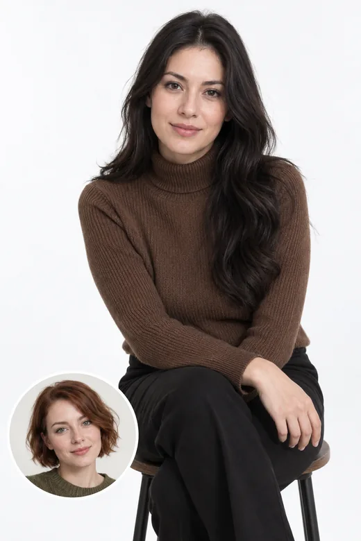 Drag to compare the seated studio portrait before and after the face swap (before)