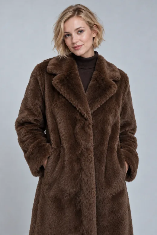 Drag to compare the fur-coat studio portrait before and after the face swap (after)