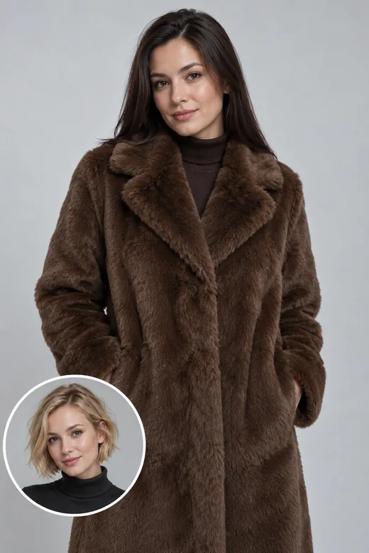 Drag to compare the fur-coat studio portrait before and after the face swap (before)