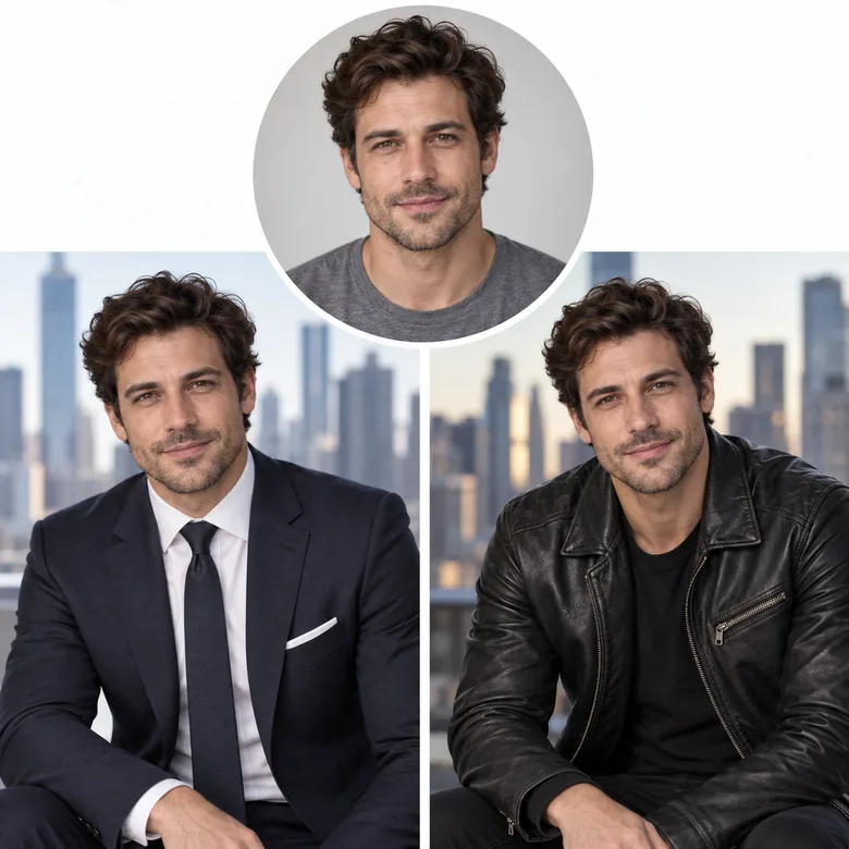 A man’s face photo in a circle above two results: the same face in a dark suit and in a leather jacket
