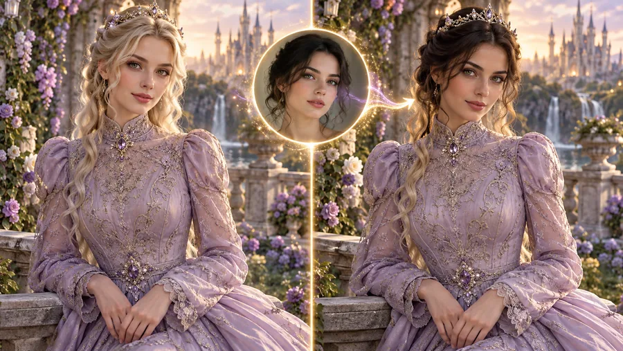 Fantasy character in an ornate dress shown before and after a face swap, with the new face in a circle