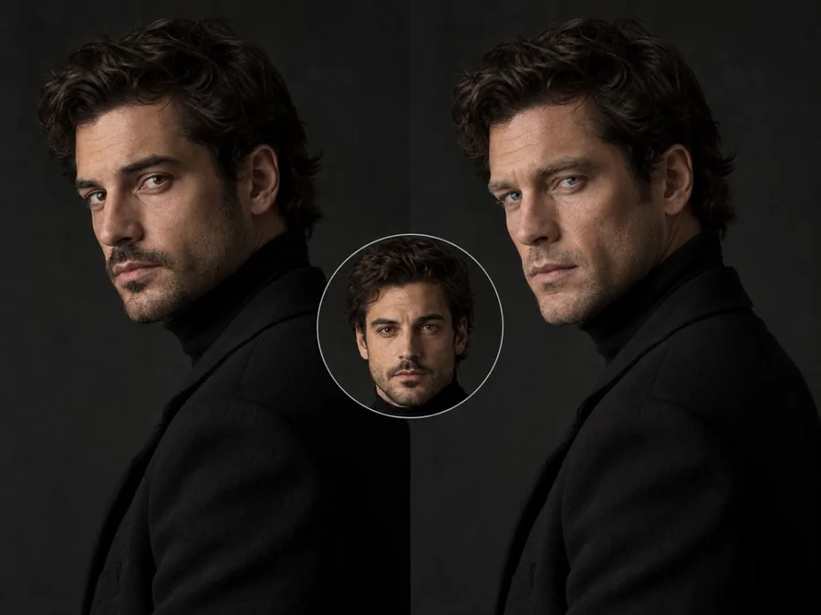 Dramatic portrait of a man in a high-collared coat before and after a face swap