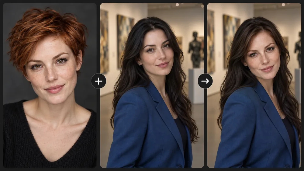 Face photo plus target portrait equals the result: a woman’s face swapped into another portrait