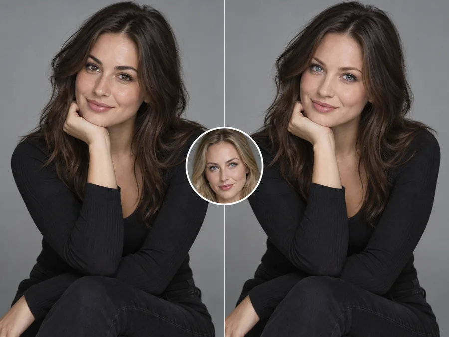 Studio portrait of a woman in black before and after a face swap, the face photo shown in a circle
