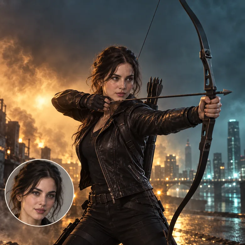 Action-poster style image of an archer in black leather with the face photo used for the swap in the corner