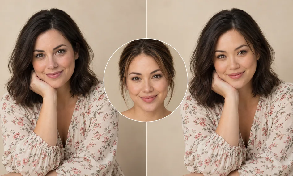 Face swap of a woman in a floral top: her face photo in a circle and the result with matched skin tone and light