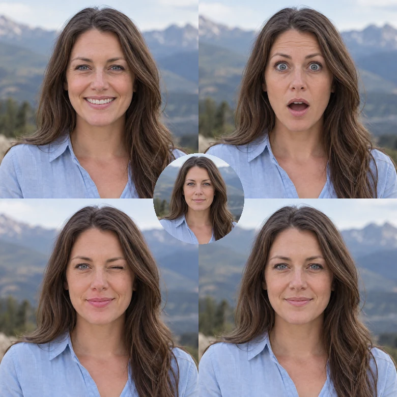 One woman shown with four different expressions created by an AI expression changer