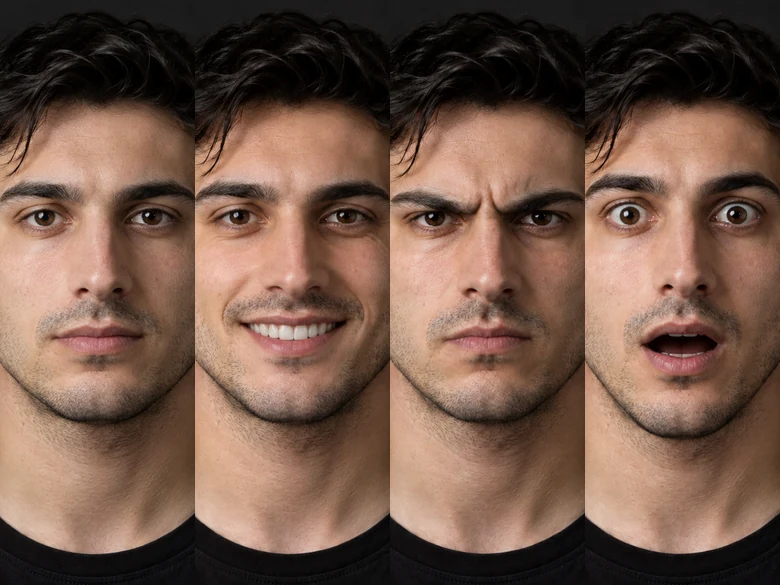 The same man with a neutral, happy, angry and surprised AI facial expression