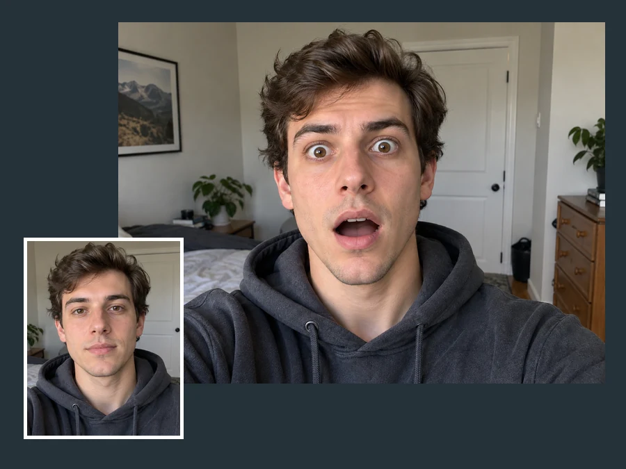 A neutral selfie turned into a shocked reaction for a video thumbnail