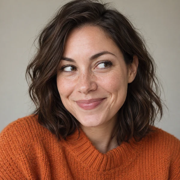 Woman with a mischievous sideways grin
