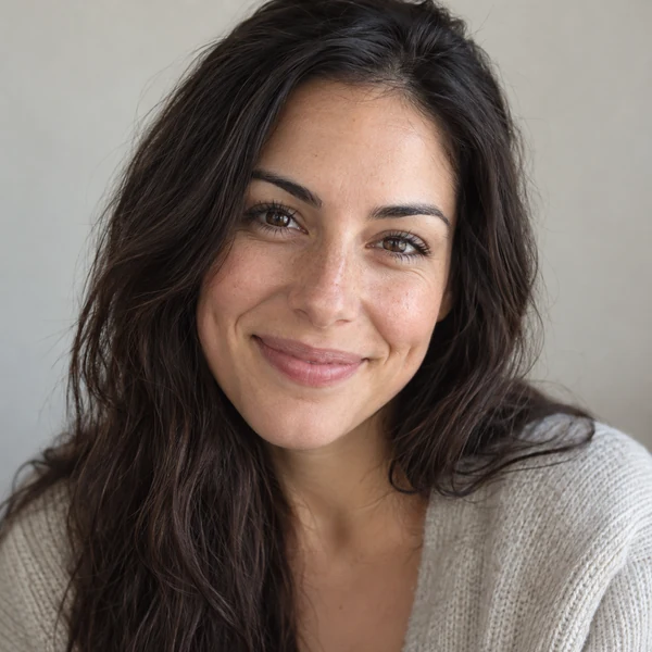 Woman with a natural dimple smile made by the AI facial expression changer