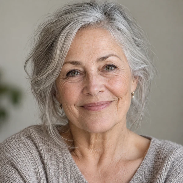 Grey-haired woman with a gentle closed-mouth smile