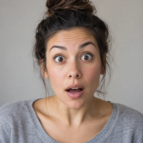 Woman with raised eyebrows and a surprised open mouth