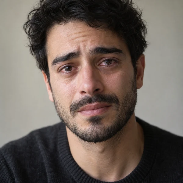 Man with sad, teary eyes