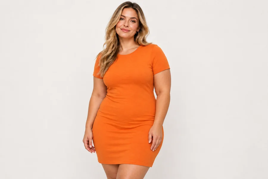 Drag to compare the orange dress look before and after the plus-size preview (after)