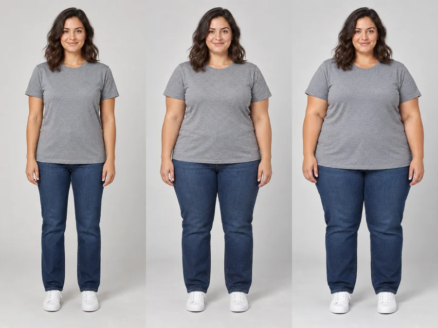 The same woman in a gray T-shirt and jeans shown at +10, +50, and +100 lbs