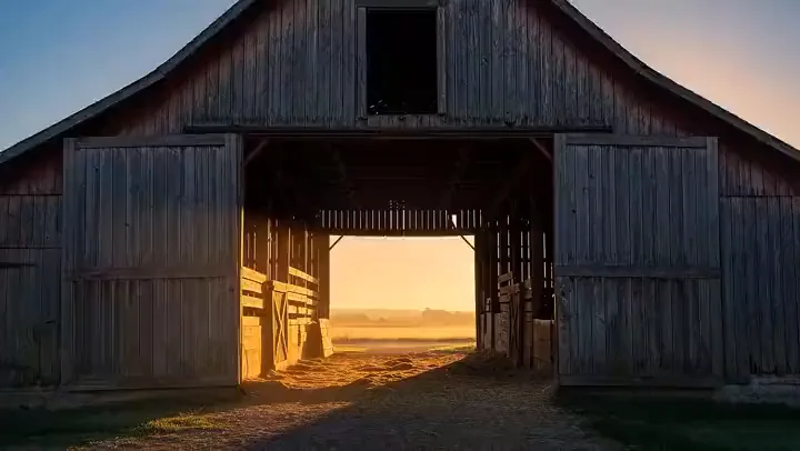 Drag to compare the first frame (barn doors) and the last frame (rider in a golden field) (before)
