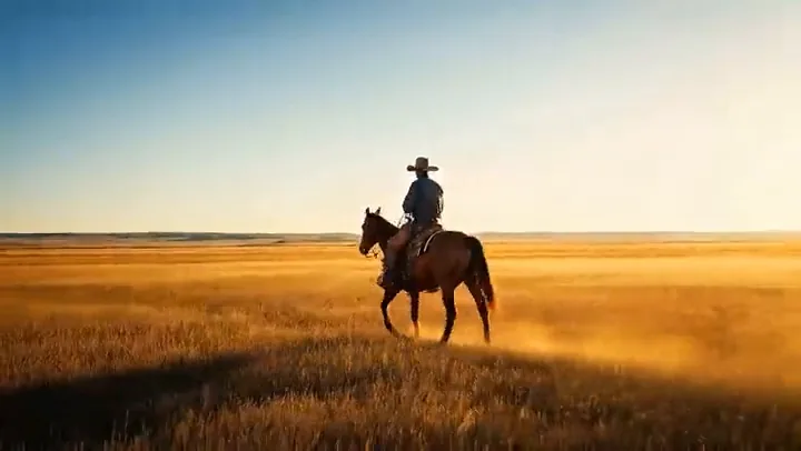 Drag to compare the first frame (barn doors) and the last frame (rider in a golden field) (after)